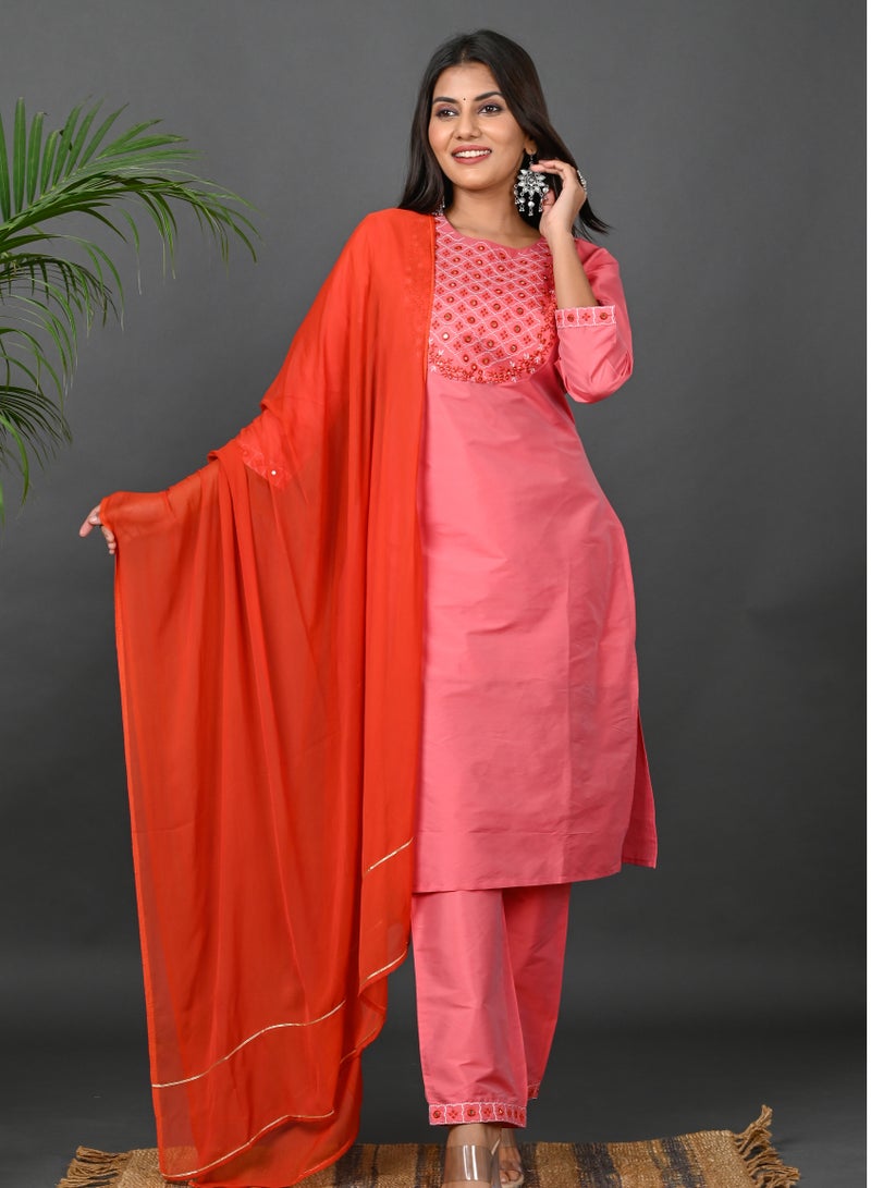 Riara Riara Embroidery Women Kurti With Pant And Dupatta Coral Paradise Round Neck 2XL  - Image 1