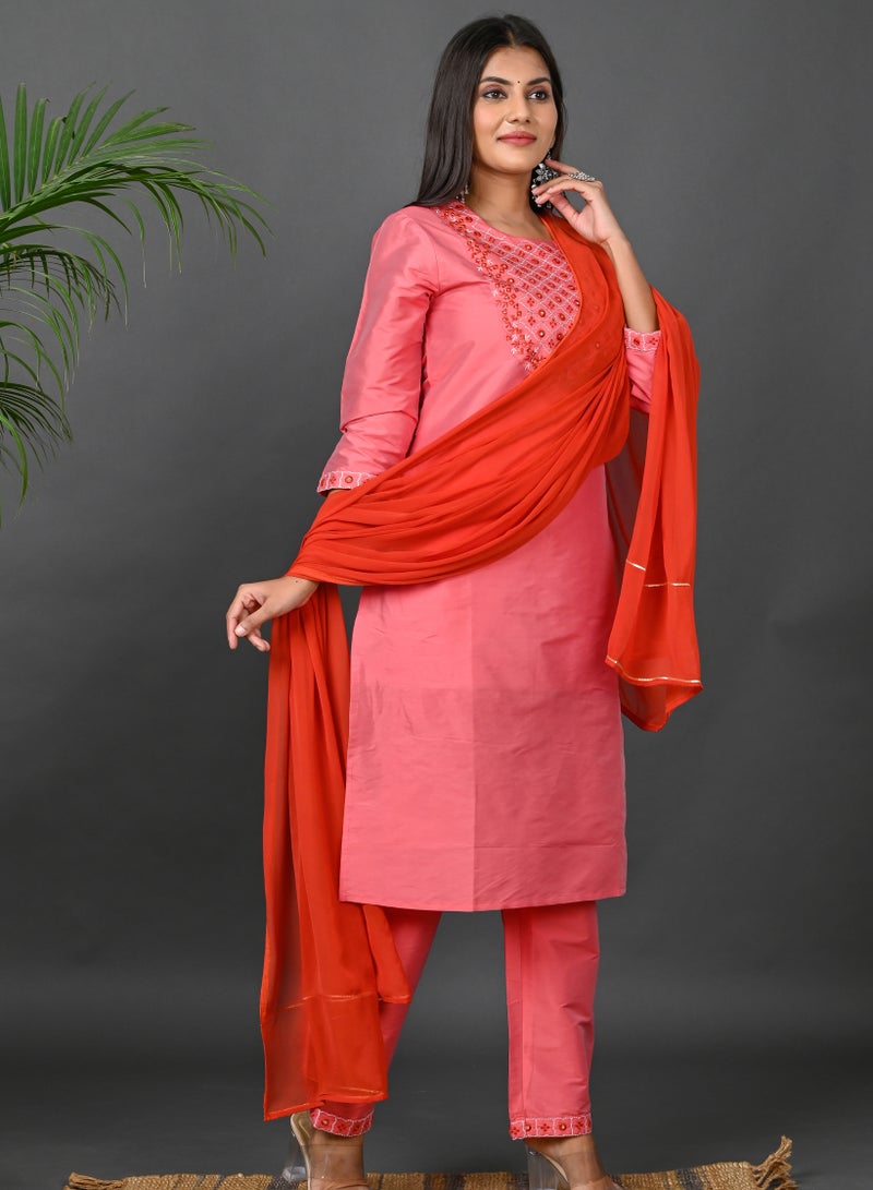 Riara Riara Embroidery Women Kurti With Pant And Dupatta Coral Paradise Round Neck 2XL  - Image 2