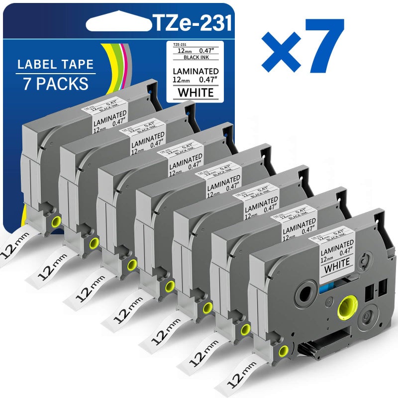 SUBLIMAKER TZE-231 12mm 0.47 Laminated Black on White Tape Replacement for Brother TZ TZE TZE231 12mm 1/2" 8m Tape for P-Touch PT-D220 PTD220 PT-D210 PT-H110 PT-D200 PT-D400 PT-D610BT Label Maker (7 Packs) - Image 1