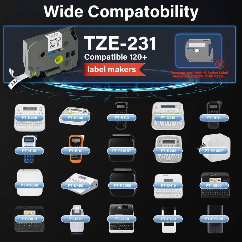 SUBLIMAKER TZE-231 12mm 0.47 Laminated Black on White Tape Replacement for Brother TZ TZE TZE231 12mm 1/2" 8m Tape for P-Touch PT-D220 PTD220 PT-D210 PT-H110 PT-D200 PT-D400 PT-D610BT Label Maker (7 Packs) - Image 2