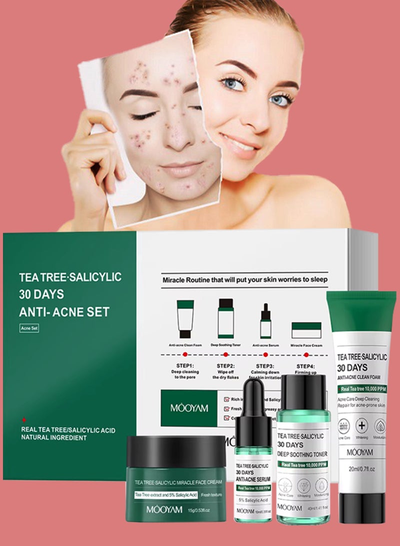 MOOYAM Tea Tree Salicylic 30 Days Anti Acne Set Tea Tree Acne Treatment Skin Care Kit Salicylic Acid Skin Care Set Acne Treatment for Face Tea Tree Salicylic Acid Face Serum Clean Foam Soothing Face Toner and Face Cream Anti Acne Gift Kit  - Image 1
