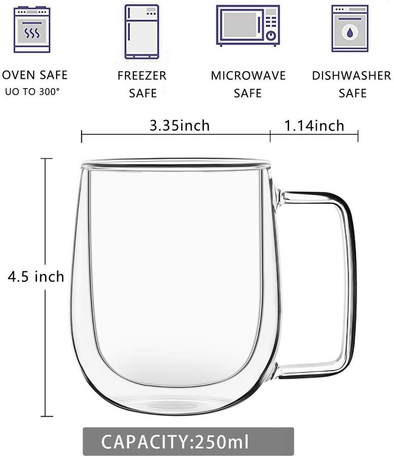 Baskety Double Wall Mug 250ML Glass Mug Double Wall Heat Resistant Cup Stylish Double Wall Glass Coffee Cup Heat Resistant Glass (Pack of 2) - Image 2