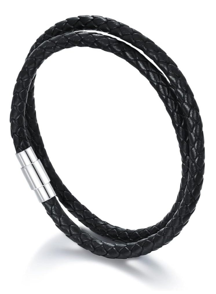 Fayrouz Jewellery Italian Leather Bracelet Double Braided Genuine Leather Bracelet Black/Brown/Red with Stainless Steel Magnetic Clasp - Image 1