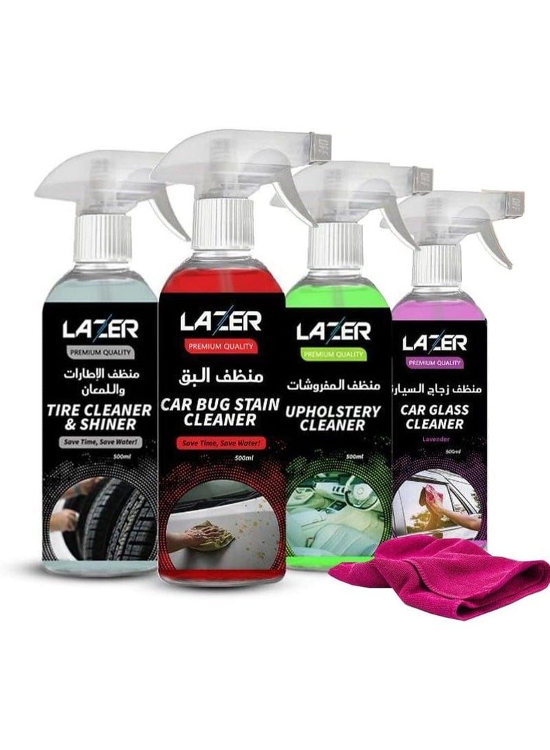 LAZER Car Cleaning Kit Pack of 4  Tire Cleaner & Shiner, Car Bug Stain Cleaner, Upholstery Cleaner & Car Glass Cleaner 500ml Spray Bottles with Microfiber Cloth, Premium Auto Detailing Cleaning Set for Interior & Exterior Care - Image 1