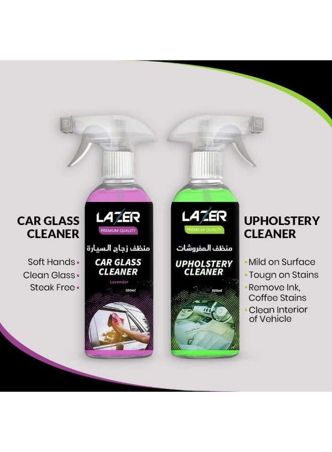 LAZER Car Cleaning Kit Pack of 4  Tire Cleaner & Shiner, Car Bug Stain Cleaner, Upholstery Cleaner & Car Glass Cleaner 500ml Spray Bottles with Microfiber Cloth, Premium Auto Detailing Cleaning Set for Interior & Exterior Care - Image 2