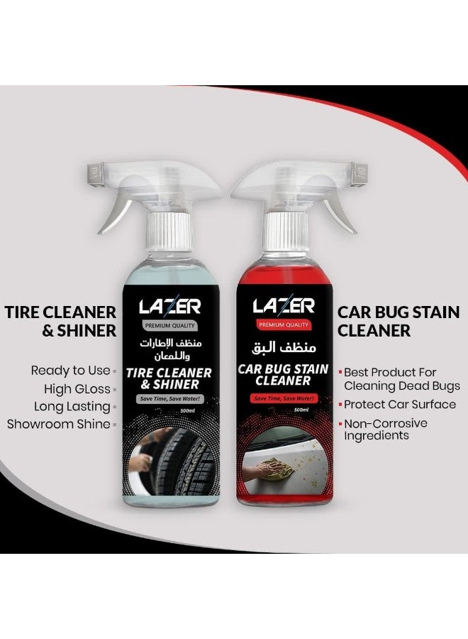 LAZER Car Cleaning Kit Pack of 4  Tire Cleaner & Shiner, Car Bug Stain Cleaner, Upholstery Cleaner & Car Glass Cleaner 500ml Spray Bottles with Microfiber Cloth, Premium Auto Detailing Cleaning Set for Interior & Exterior Care - Image 3