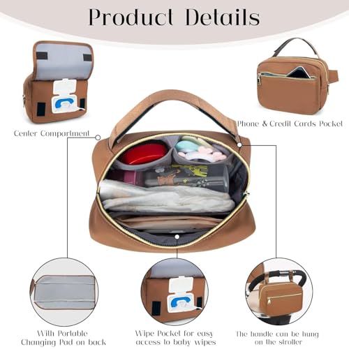 printe Small Diaper Bag with Portable Changing Pad, Crossbody Women Waist Bag with Wipes Pocket for Travel, Stroller Diaper Funny Pack, Brown - Image 3