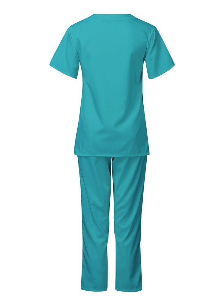 Loquat Medical Uniform Scrubs Set Fast Dry V-Neck Top and Loose Pants Suit Lake Blue - Image 2