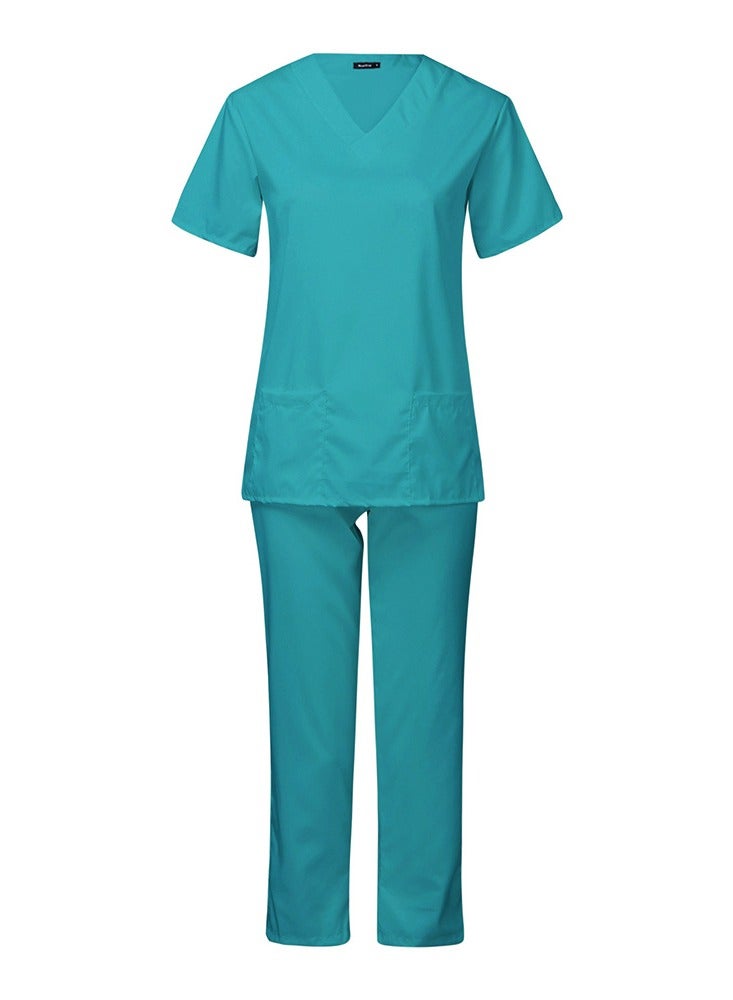 Loquat Medical Uniform Scrubs Set Fast Dry V-Neck Top and Loose Pants Suit Lake Blue - Image 1