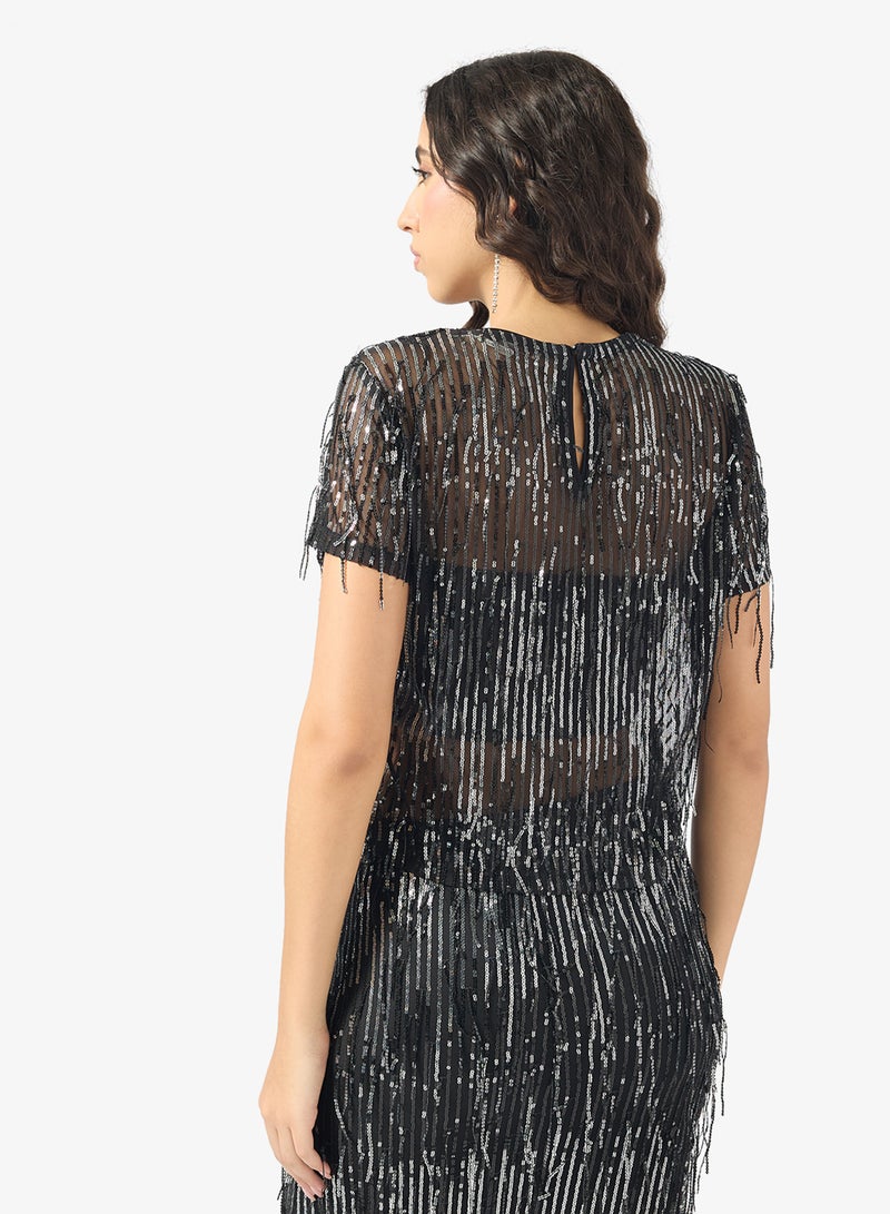 ONLY Sequin Detail Crew Neck Top - Image 2