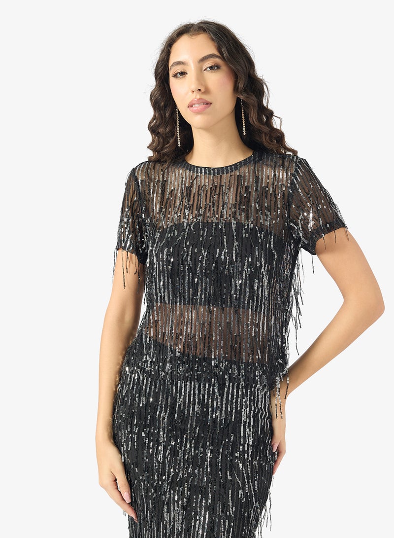 ONLY Sequin Detail Crew Neck Top - Image 1