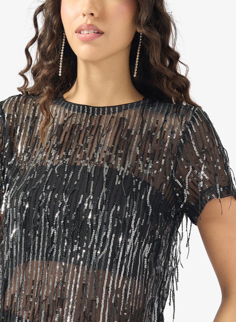 ONLY Sequin Detail Crew Neck Top - Image 3
