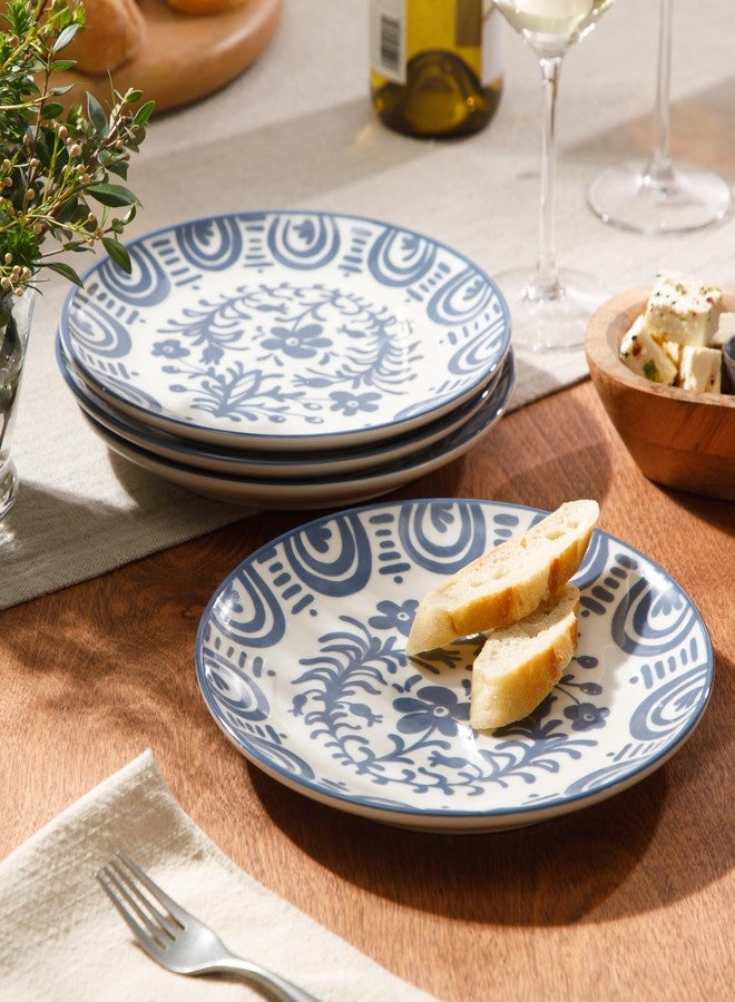 Bloomhouse - 2-Time Oprah’s Favorite Things - Valencia Flor 4 Piece Dessert & Salad Plate Set, 8.75” Stoneware Plates, Mediterranean Floral Decal Design, Microwave & Dishwasher Safe, Iris Blue - Image 2