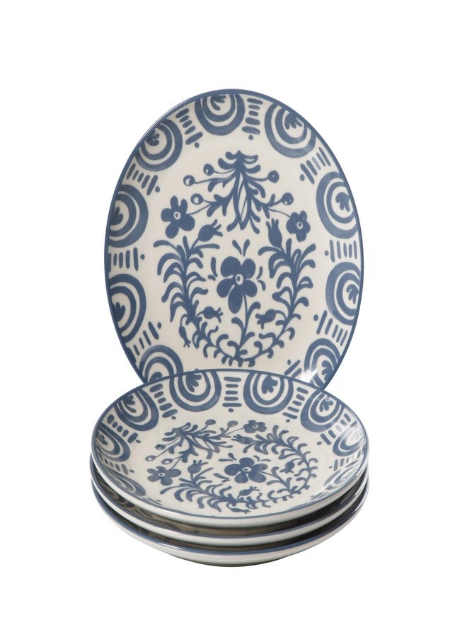 Bloomhouse - 2-Time Oprah’s Favorite Things - Valencia Flor 4 Piece Dessert & Salad Plate Set, 8.75” Stoneware Plates, Mediterranean Floral Decal Design, Microwave & Dishwasher Safe, Iris Blue - Image 1