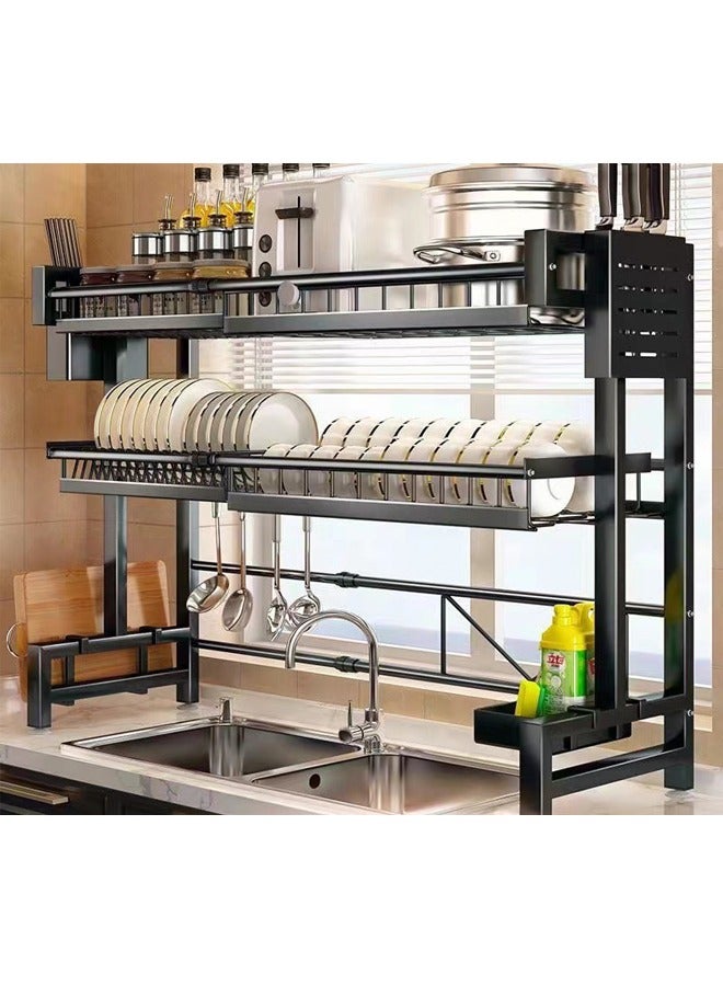 2-layer plate, chopstick drain rack, plate drainer, carbon steel plate rack, sink organizer, stand for kitchen counter organizer storage, with tableware rack, hook, drain rack for large kitchen, black  - Image 1