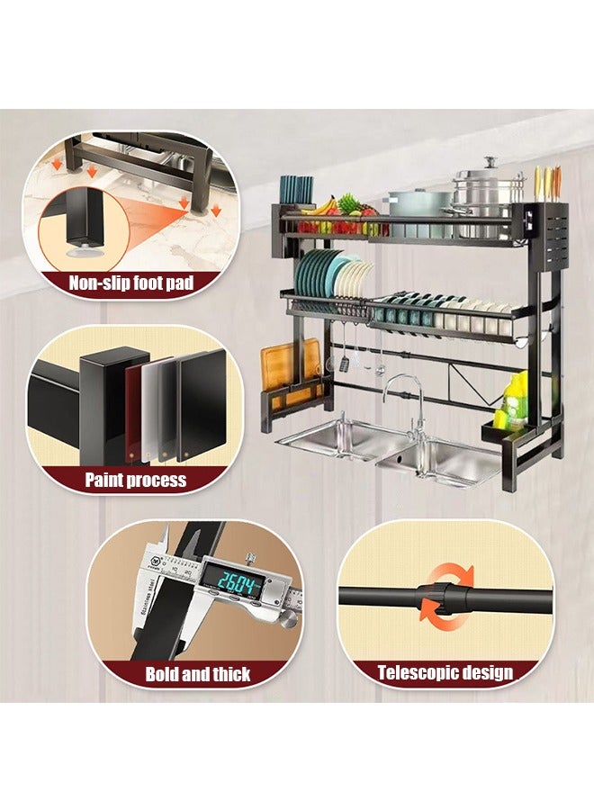 2-layer plate, chopstick drain rack, plate drainer, carbon steel plate rack, sink organizer, stand for kitchen counter organizer storage, with tableware rack, hook, drain rack for large kitchen, black  - Image 2