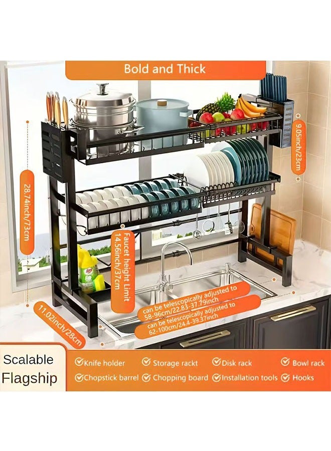 2-layer plate, chopstick drain rack, plate drainer, carbon steel plate rack, sink organizer, stand for kitchen counter organizer storage, with tableware rack, hook, drain rack for large kitchen, black  - Image 5