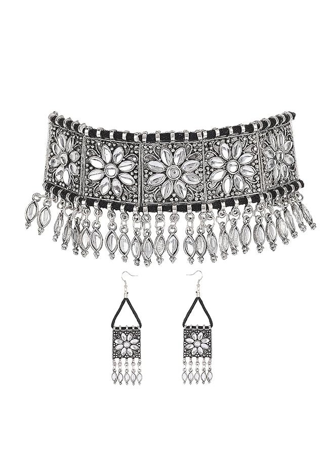 Shining Diva Fashion Latest Stylish Fancy Oxidised Silver Tribal Choker Necklace Jewelery Set For Women 12254S  - Image 1