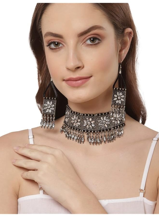 Shining Diva Fashion Latest Stylish Fancy Oxidised Silver Tribal Choker Necklace Jewelery Set For Women 12254S  - Image 4