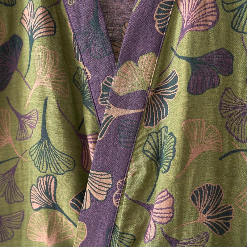 Kimono Robe 100% Cotton Gauze Ginkgo Leaf Print - Image 4