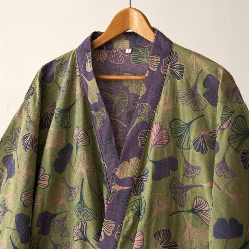 Kimono Robe 100% Cotton Gauze Ginkgo Leaf Print - Image 3