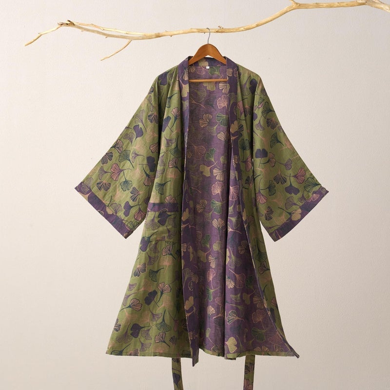 Kimono Robe 100% Cotton Gauze Ginkgo Leaf Print - Image 2