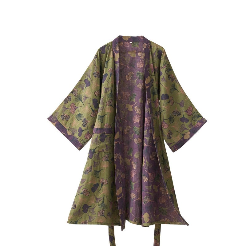 Kimono Robe 100% Cotton Gauze Ginkgo Leaf Print - Image 1