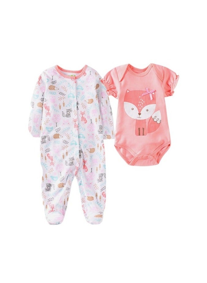 Bambimici Bambimici Fox Print 2-Piece Body Suit with bib - White & Pink 