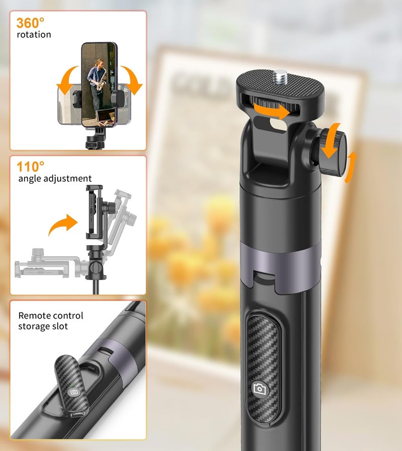 TONEOF 68''/173cm Selfie Stick Tripod for Camera,All-in-1 Phone Tripod with Wireless Remote Control,360° Rotatable Phone Holder, Portable Tripod Monopod Stand for Phone/Small Cameras-Black Gold - Image 4