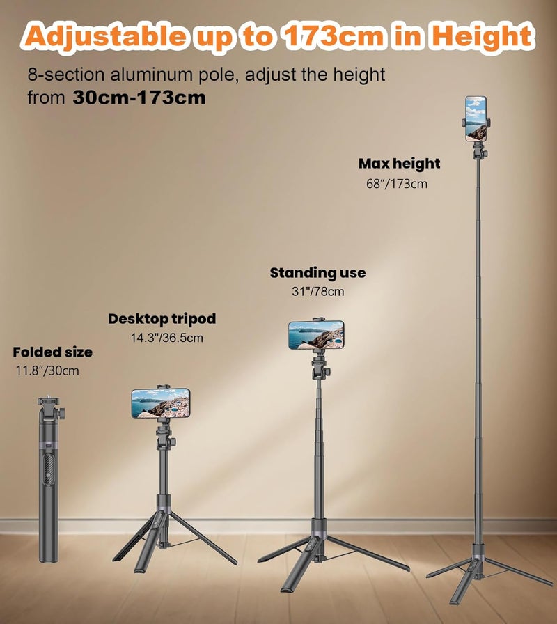TONEOF 68''/173cm Selfie Stick Tripod for Camera,All-in-1 Phone Tripod with Wireless Remote Control,360° Rotatable Phone Holder, Portable Tripod Monopod Stand for Phone/Small Cameras-Black Gold - Image 2