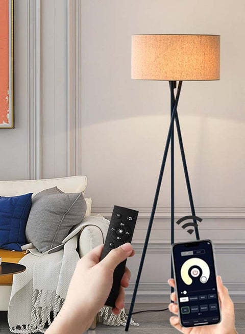 Tall Lampshade and LED Floor Lamp for Living Room with Remote Control APP Control, Reading Light for Bedroom or Office Black