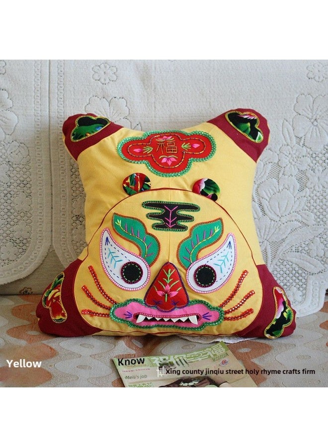 Pure Handmade Cotton Original Embroidery Tiger Pillow Cushion Sofa Pillow Fabric Pillow Special Wholesale-Specifications:Yellow - Image 1