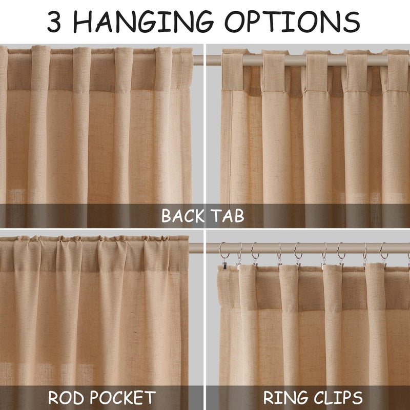 Nanspring Camel Linen Curtains 84 Inches Long for Bedroom Back Tab Light Filtering Privacy Semi Sheer Drapes Modern Farmhouse Decor Camel Cotton Elegant for Living Room Curtain 2 Panels Set 52x84 Inch - Image 2