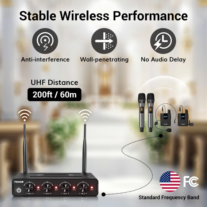 TONOR Wireless Microphone System, 4 * 10-Channel UHF Cordless Handheld Mic Set with Headset/Lavalier Lapel Mics, Bodypack Transmitter, Receiver, 60 m/200ft Range for Karaoke Singing Church PA Speaker - Image 3