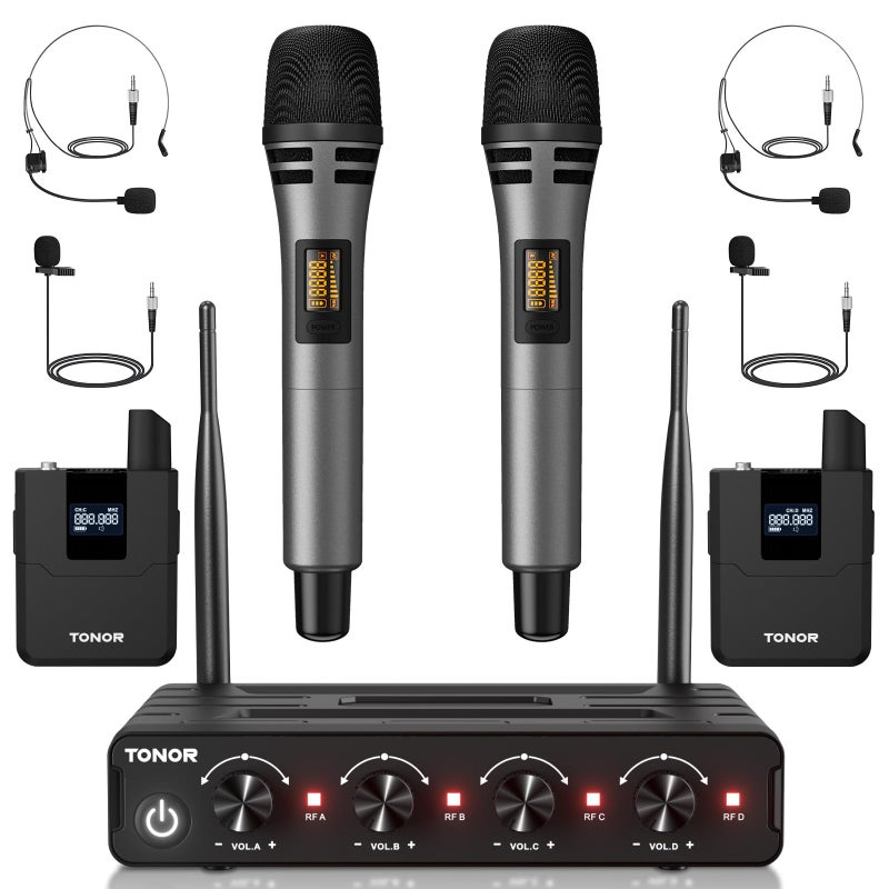 TONOR Wireless Microphone System, 4 * 10-Channel UHF Cordless Handheld Mic Set with Headset/Lavalier Lapel Mics, Bodypack Transmitter, Receiver, 60 m/200ft Range for Karaoke Singing Church PA Speaker - Image 1