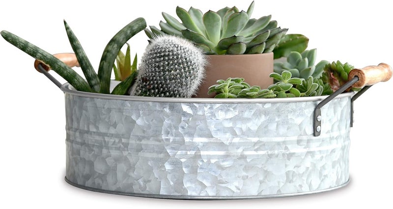 OUTSHINE Rustic Farmhouse Galvanized Metal Tray with Wood Handles - 12.2" Diameter - Image 1