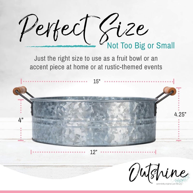 OUTSHINE Rustic Farmhouse Galvanized Metal Tray with Wood Handles - 12.2" Diameter - Image 3