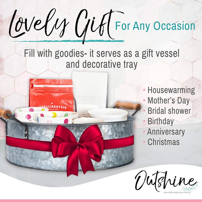 OUTSHINE Rustic Farmhouse Galvanized Metal Tray with Wood Handles - 12.2" Diameter - Image 5