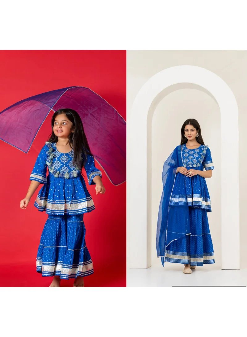 Royal Blue Embroidered Cotton Sharara Set for Women | Festive Matching Outfit | Elegant Kurta Sharara Dupatta Set | Traditional Ethnic Wear | Twinning Family Outfit