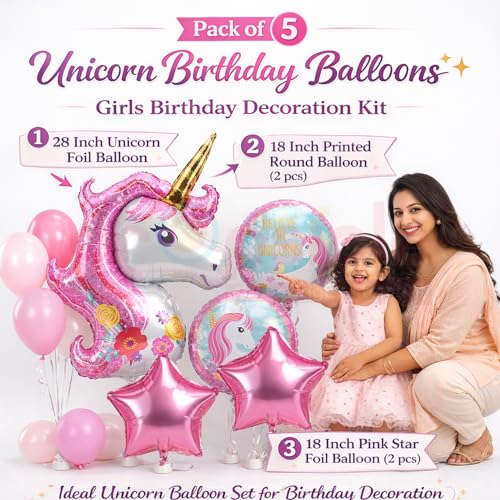 Propsicle Unicorn Theme Pink Foil Balloons Birthday Decoration Kit for Girls, Pack of 5 with Star & Printed Round Balloons for Indoor Outdoor Photo Backdrop Decor - Image 2