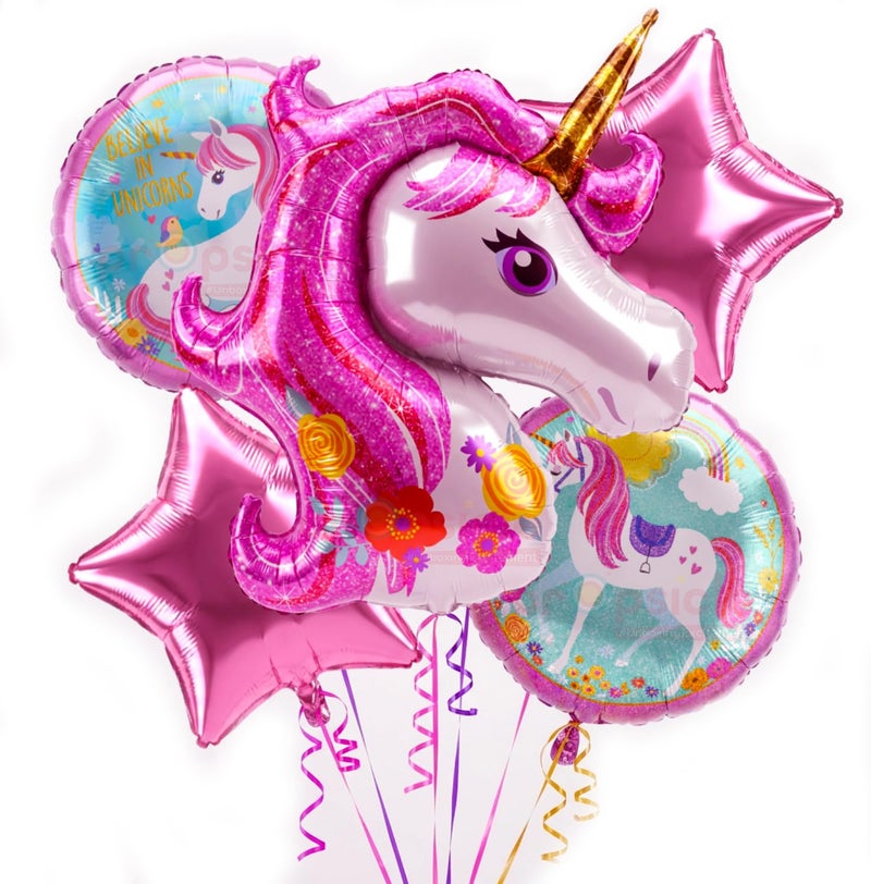 Propsicle Unicorn Theme Pink Foil Balloons Birthday Decoration Kit for Girls, Pack of 5 with Star & Printed Round Balloons for Indoor Outdoor Photo Backdrop Decor - Image 1