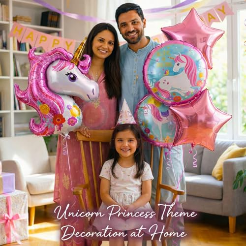 Propsicle Unicorn Theme Pink Foil Balloons Birthday Decoration Kit for Girls, Pack of 5 with Star & Printed Round Balloons for Indoor Outdoor Photo Backdrop Decor - Image 3