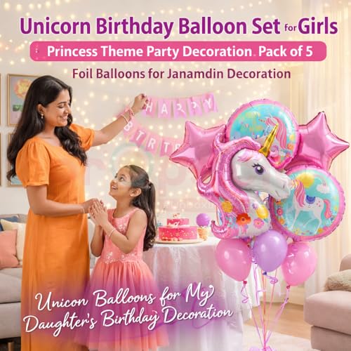 Propsicle Unicorn Theme Pink Foil Balloons Birthday Decoration Kit for Girls, Pack of 5 with Star & Printed Round Balloons for Indoor Outdoor Photo Backdrop Decor - Image 5