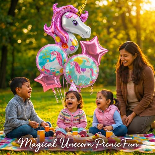 Propsicle Unicorn Theme Pink Foil Balloons Birthday Decoration Kit for Girls, Pack of 5 with Star & Printed Round Balloons for Indoor Outdoor Photo Backdrop Decor - Image 4