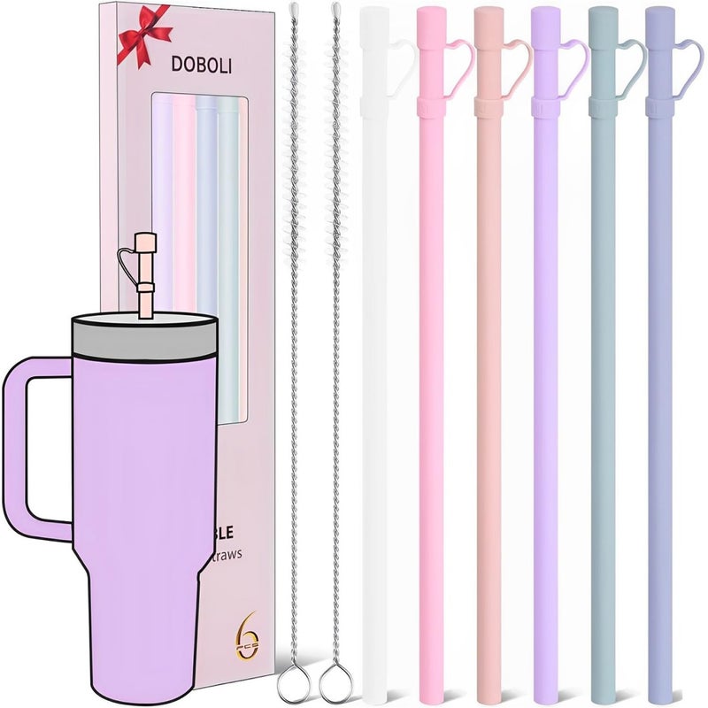 Reusable Replacement 12 inch Long Silicone Straw With Cover Stocking Stuffers Gifts for Women Men Teens Girls Boys Compatible with Stanley Tumbler Cup Accessorie 40 oz 30 oz 6 Pack
