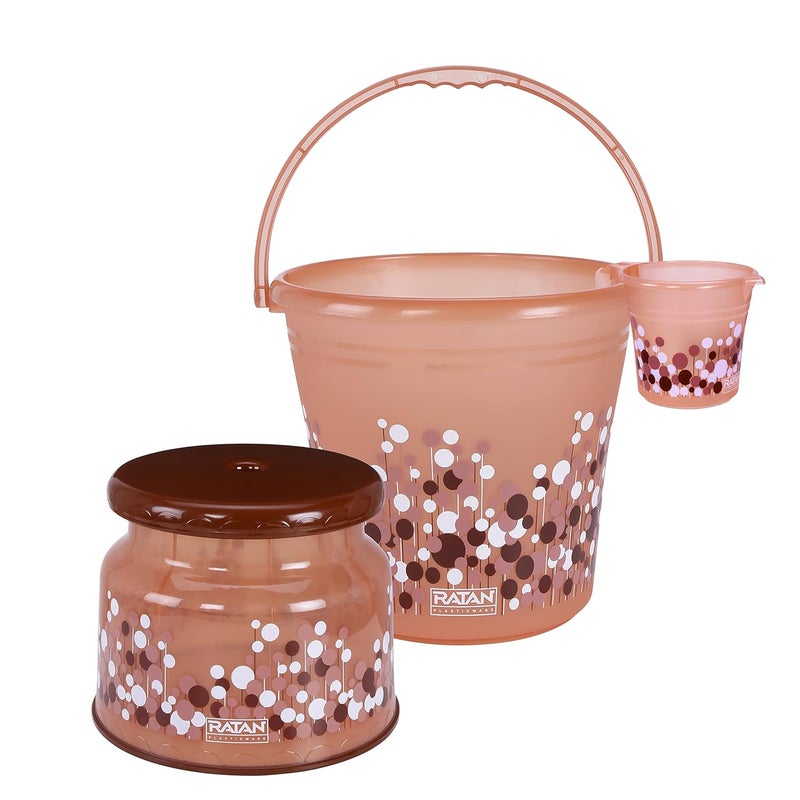 RATAN PLASTICWARE Ratan Plastics Frosty Bubble Print Pack of 3 Bathroom Set 20L Bucket x 115L Mug x 1 Nova Patla Stool 107 x 1 Brown - Image 1