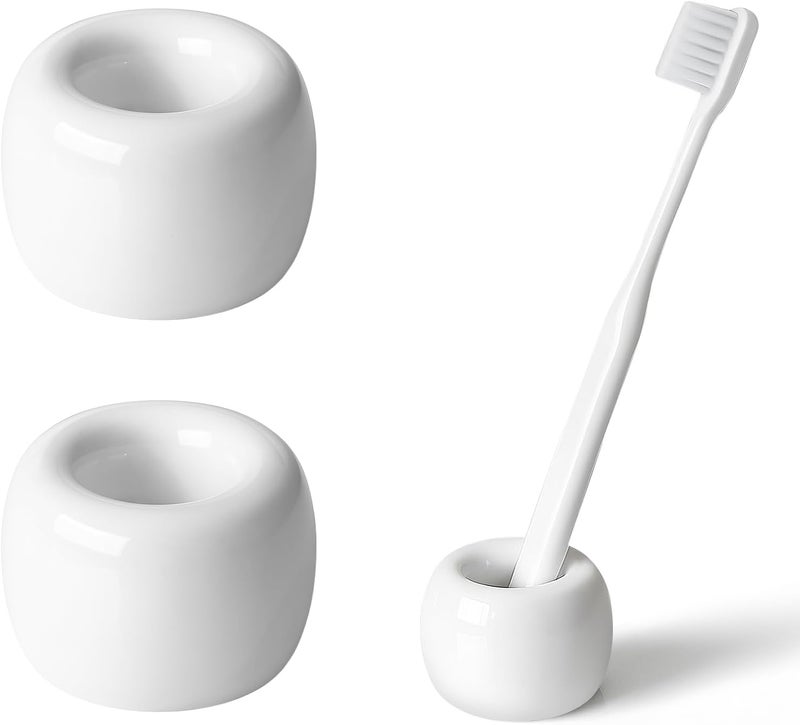 amoon Mini Ceramic Toothbrush Holder for Bathroom - White Small Countertop Organizer, Easy Clean Toothbrush Stand, Suit for Electric Toothbrush Head, Pens & Coffee Spoon, Pack of 2 - Image 1