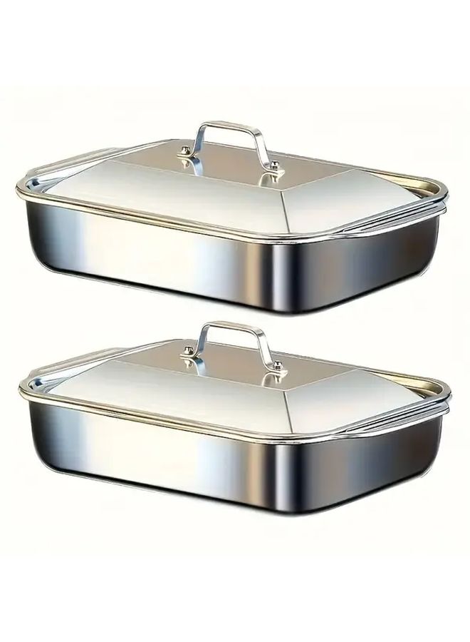 2 Piece Heavy Duty 410 Stainless Steel Baking Pan with Lid Nonstick Rectangular Oven Tray for Desserts Bread Seafood BBQ Buffet Festivals Commercial Kitchen Polished Surface High Quality - Image 2