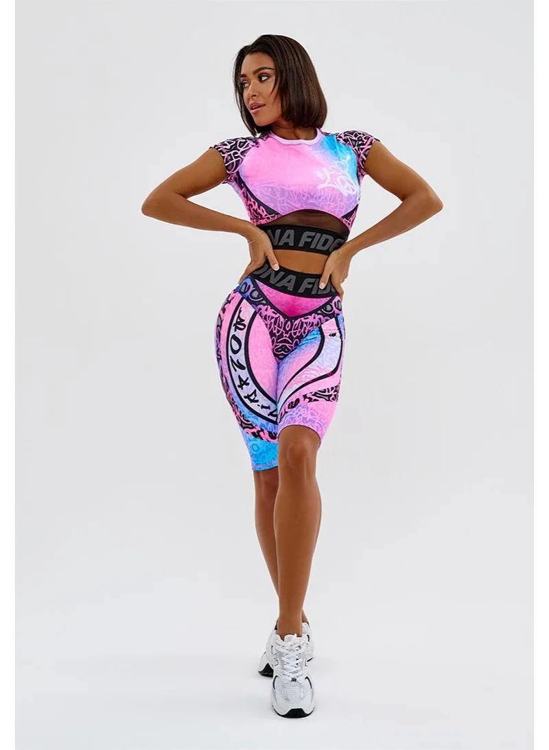 Bona Fide Bona Fide Premium High-Waisted Sculpting Biker Shorts & Crop Top Set - Vibrant Graphic Print Athletic Shorts for Women - Professional Squat-Proof Workout Gear - Pink/Blue Multi