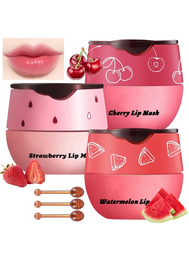 LemonSac - 3 Pcs Bee Balm Lip Balm Honey Pot Watermelon & Cherry & Strawberry Lip Mask Overnight Propolis Moisturizing Lip Balm Hydrating Prevention Dry And Crack Lip Scrubs Exfoliator Lip Wrinkle Care (Set C) - Image 1